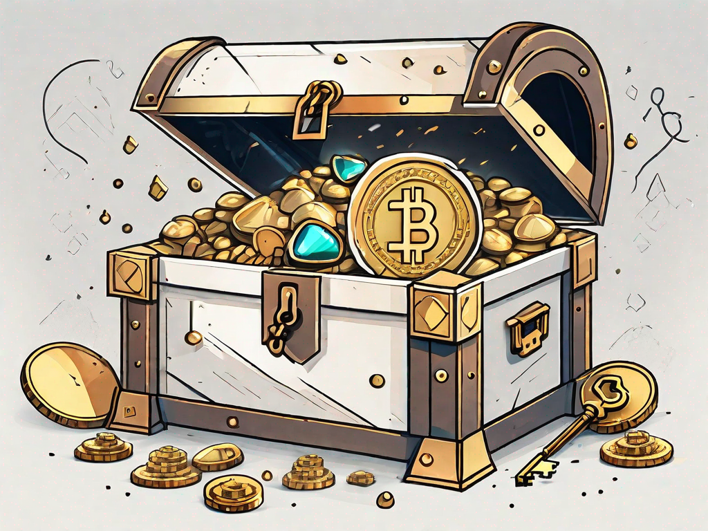 A large key unlocking a treasure chest filled with symbols of wealth like gold coins and gems