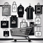 A bustling shopping scene with various symbolic items like shopping bags