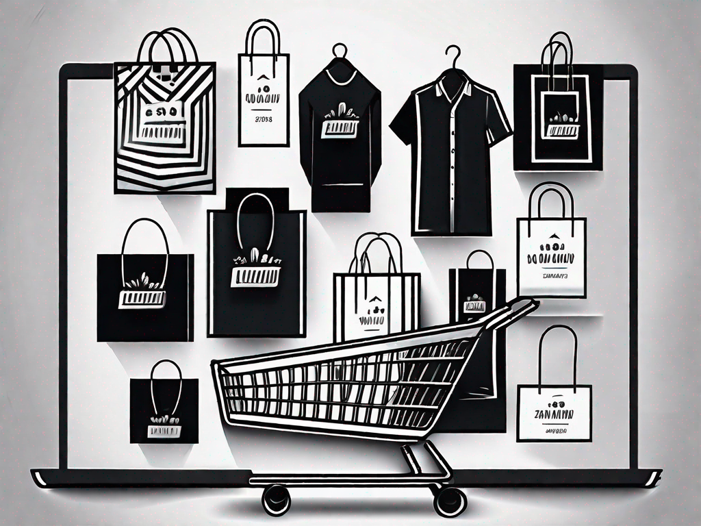 A bustling shopping scene with various symbolic items like shopping bags