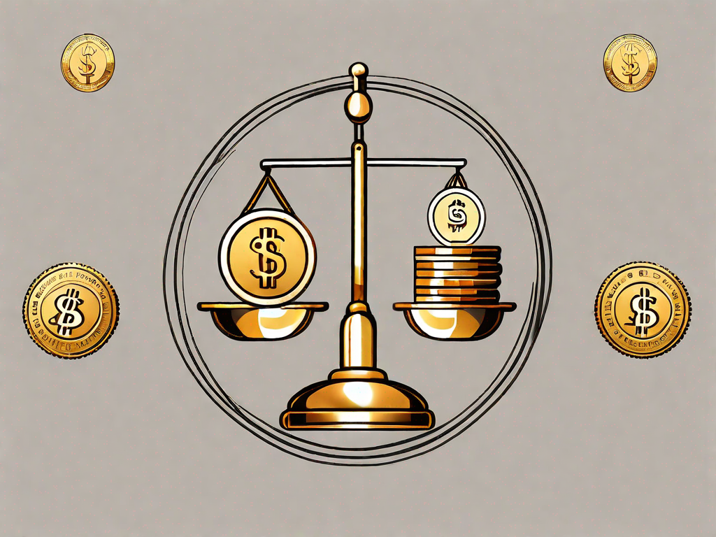 A golden scale balancing coins and an affiliate marketing icon