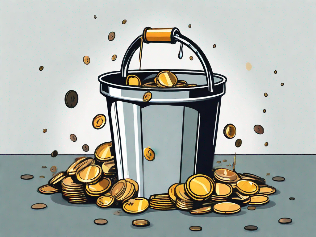 A leaking bucket with coins falling out