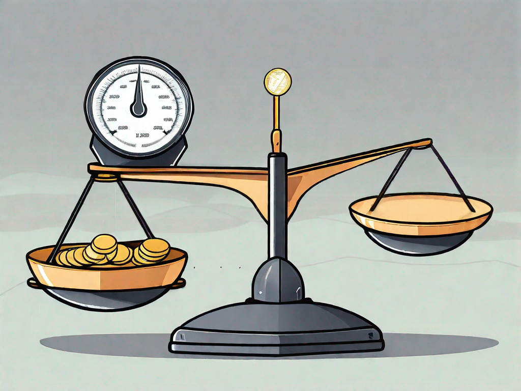 A pair of scales balancing coins on one side and a computer mouse on the other side