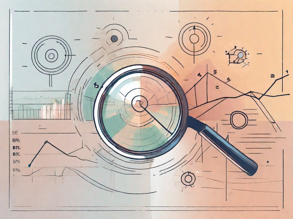 A magnifying glass focusing on a set of different performance marketing metrics represented by various abstract symbols and charts