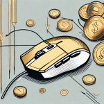 A computer mouse clicking on a gold coin