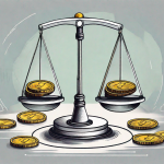 A scale balancing coins on one side and a magnifying glass hovering over a symbolic business icon on the other side