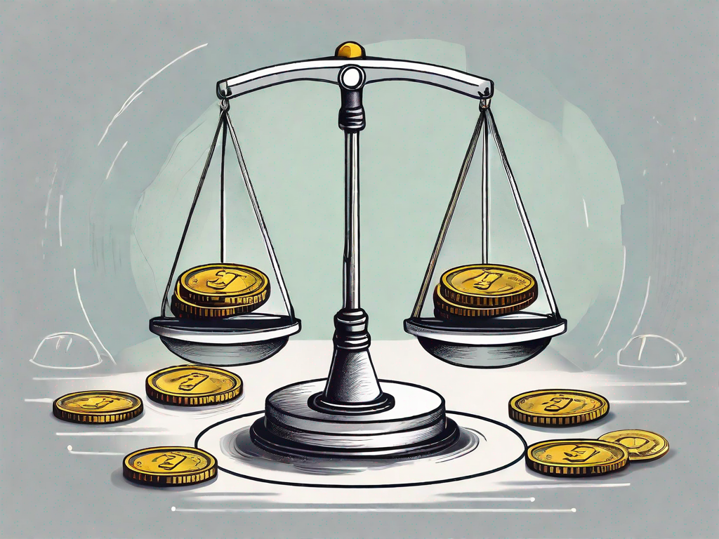 A scale balancing coins on one side and a magnifying glass hovering over a symbolic business icon on the other side