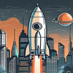 A rocket ship labeled as 'affiliate offer' being launched into a futuristic cityscape