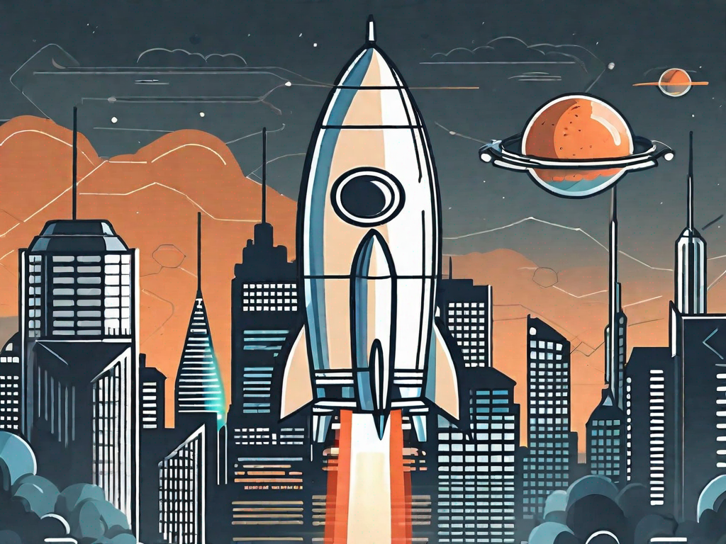 A rocket ship labeled as 'affiliate offer' being launched into a futuristic cityscape