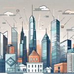 A city skyline with various digital icons floating above the buildings