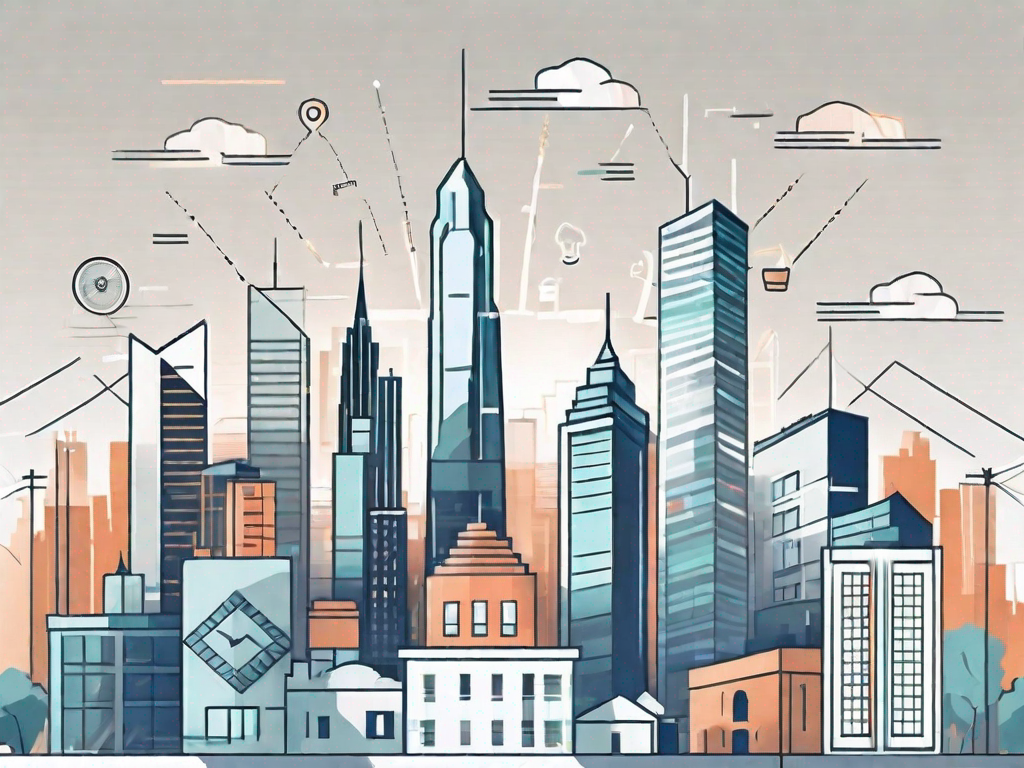 A city skyline with various digital icons floating above the buildings