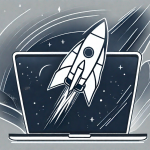 A rocket symbolically launching from a laptop