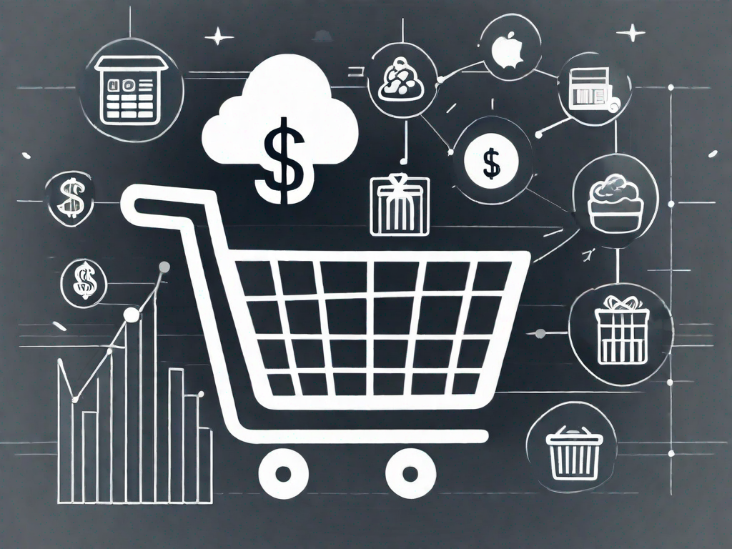 A shopping cart filled with various ecommerce icons