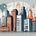 A city skyline with various digital icons (like a computer