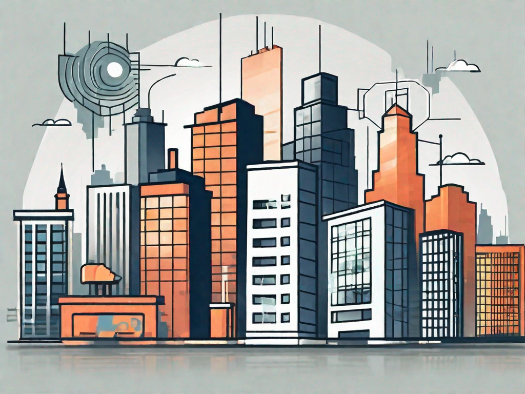 A city skyline with various digital icons (like a computer