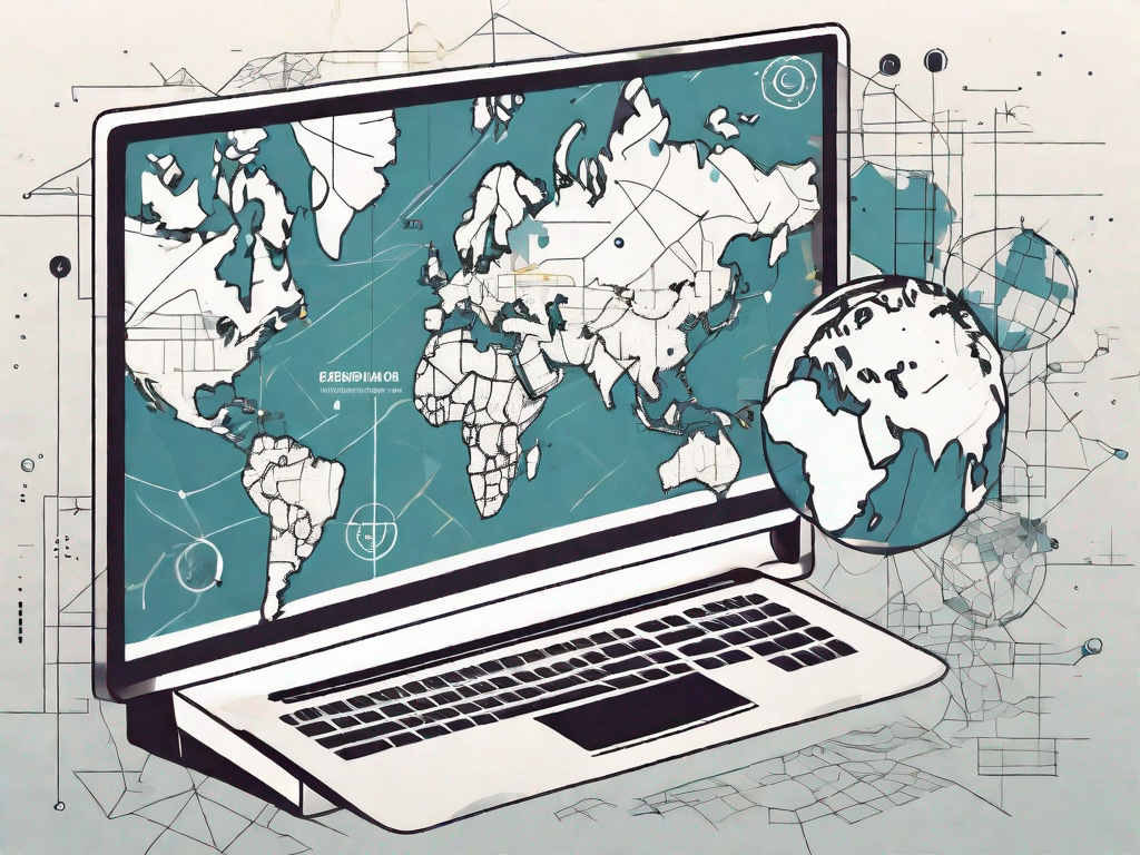 A computer screen showing a global map with various media icons scattered across it