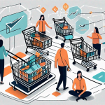 A bustling digital marketplace with various ecommerce elements like shopping carts