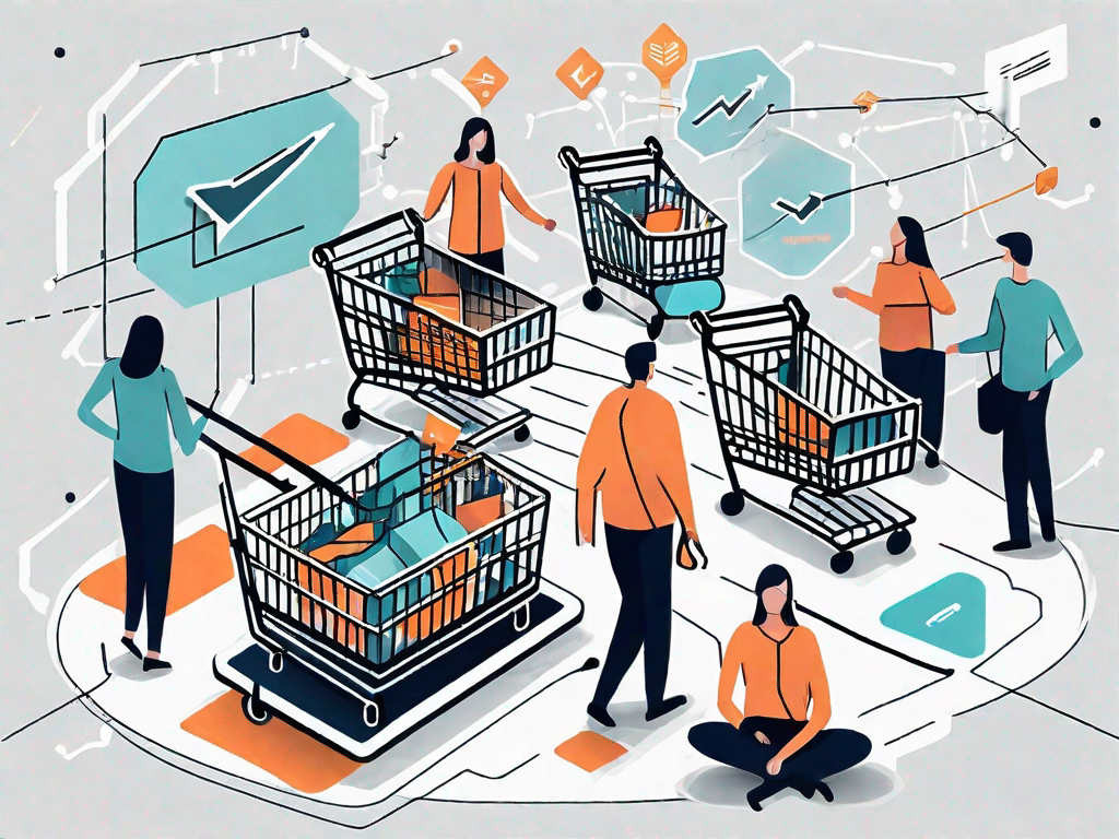 A bustling digital marketplace with various ecommerce elements like shopping carts