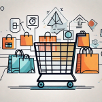 A digital shopping cart with an upward trending graph and various ecommerce icons like shopping bags