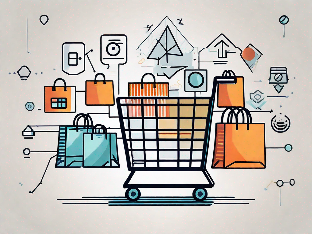 A digital shopping cart with an upward trending graph and various ecommerce icons like shopping bags