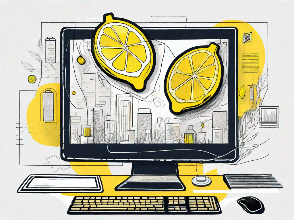 A lemon-shaped computer with various advertising elements like banners