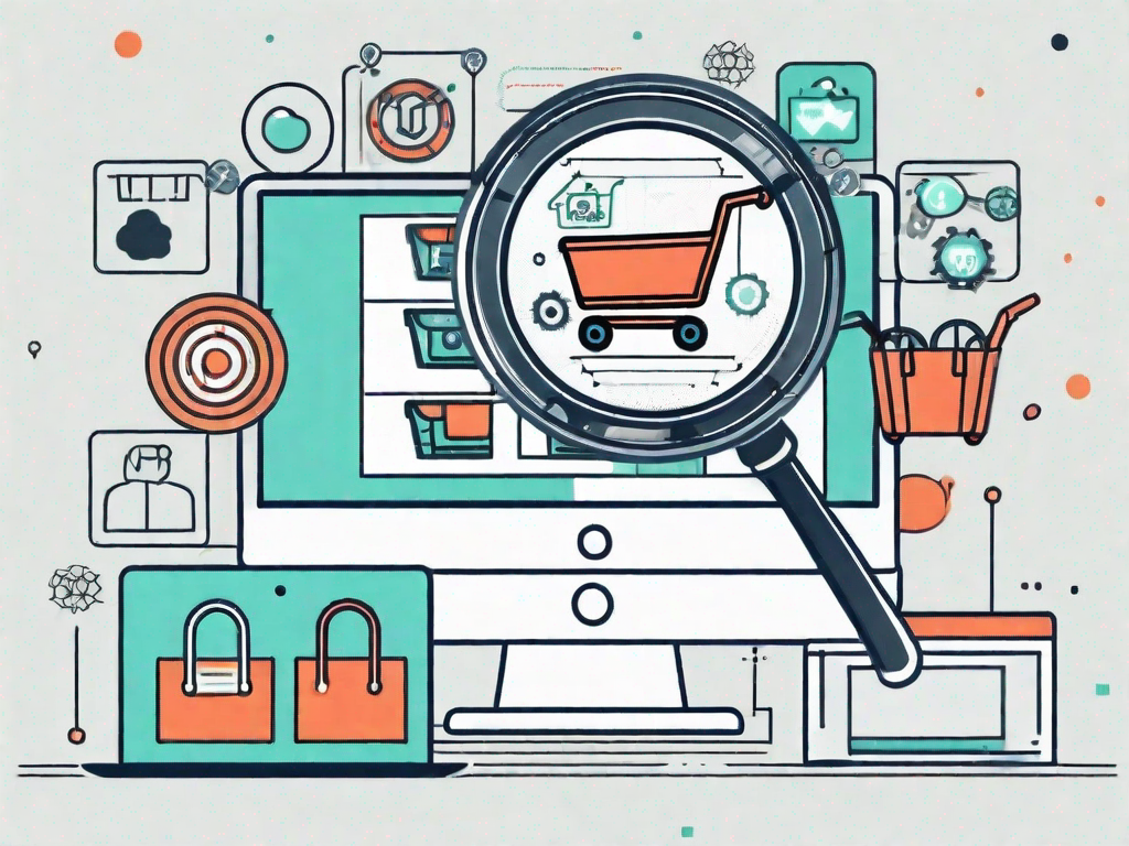 A magnifying glass hovering over a digital shopping cart surrounded by seo-related icons like a web