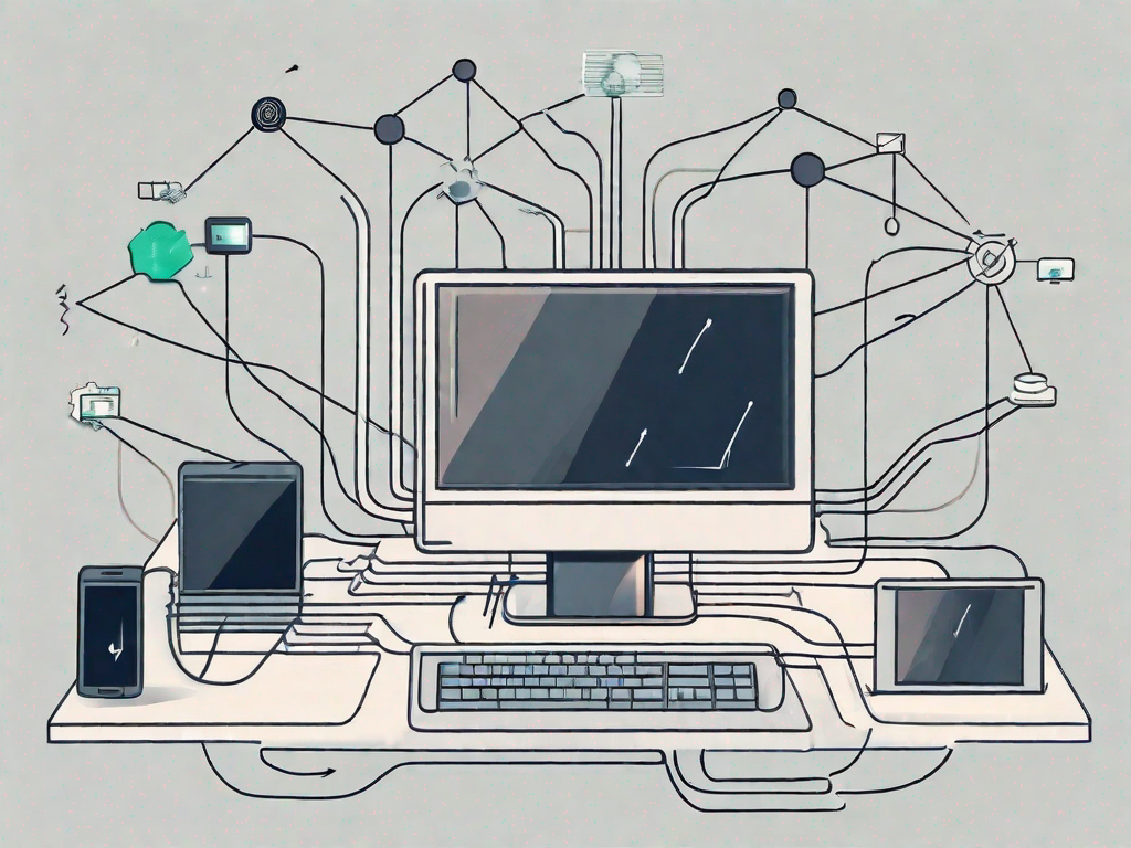 A computer connected to various digital platforms symbolizing affiliate marketing