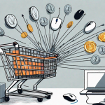 A shopping cart filled with various products connected to a computer mouse