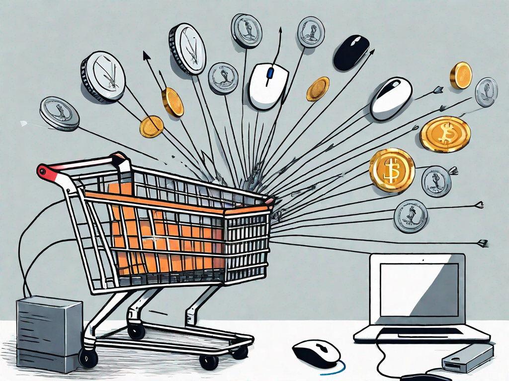 A shopping cart filled with various products connected to a computer mouse