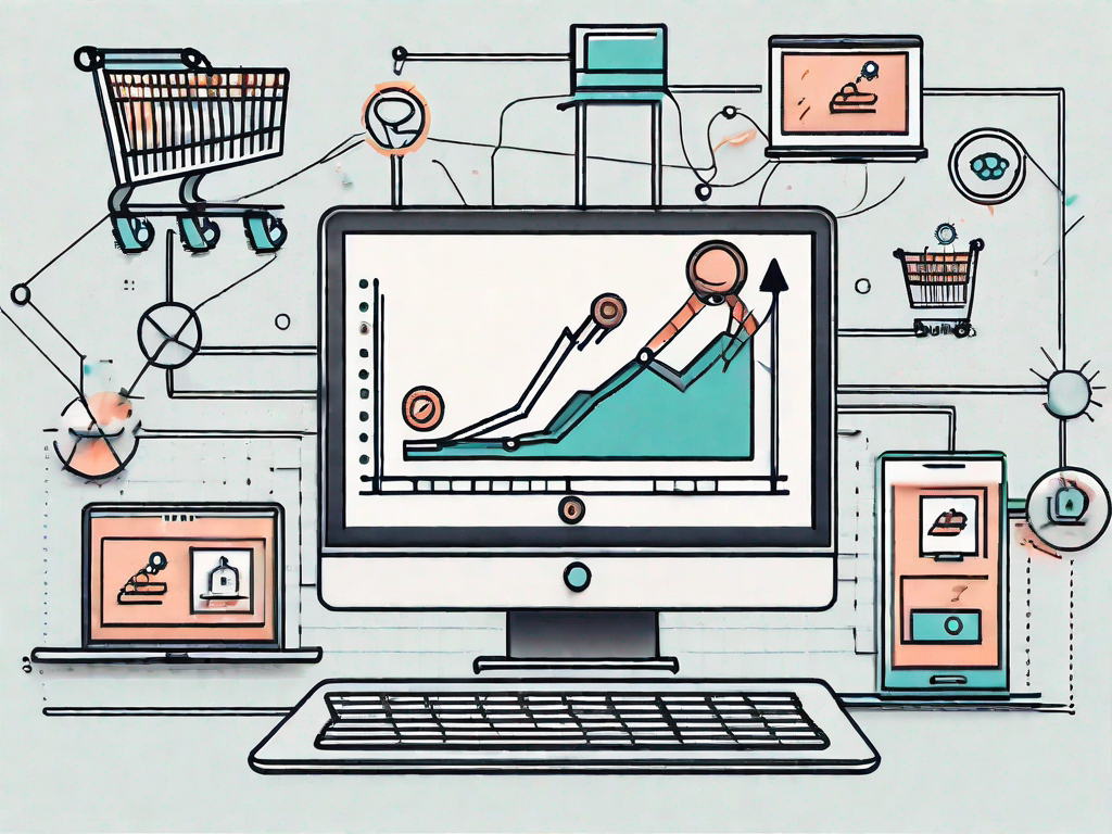 A computer screen displaying a landing page with various affiliate marketing icons like shopping carts