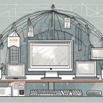 A computer connected to various small market stalls through digital lines