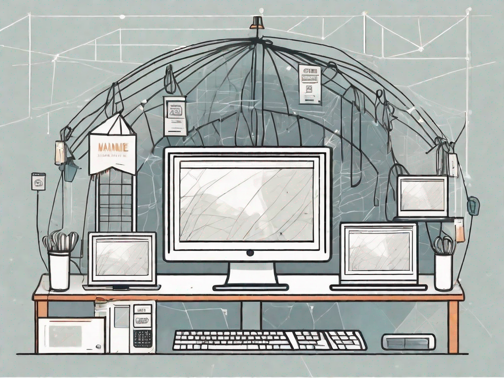 A computer connected to various small market stalls through digital lines