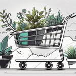 A shopping cart filled with various digital marketing tools and symbols