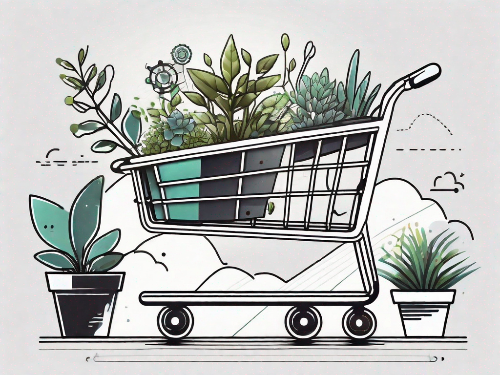 A shopping cart filled with various digital marketing tools and symbols