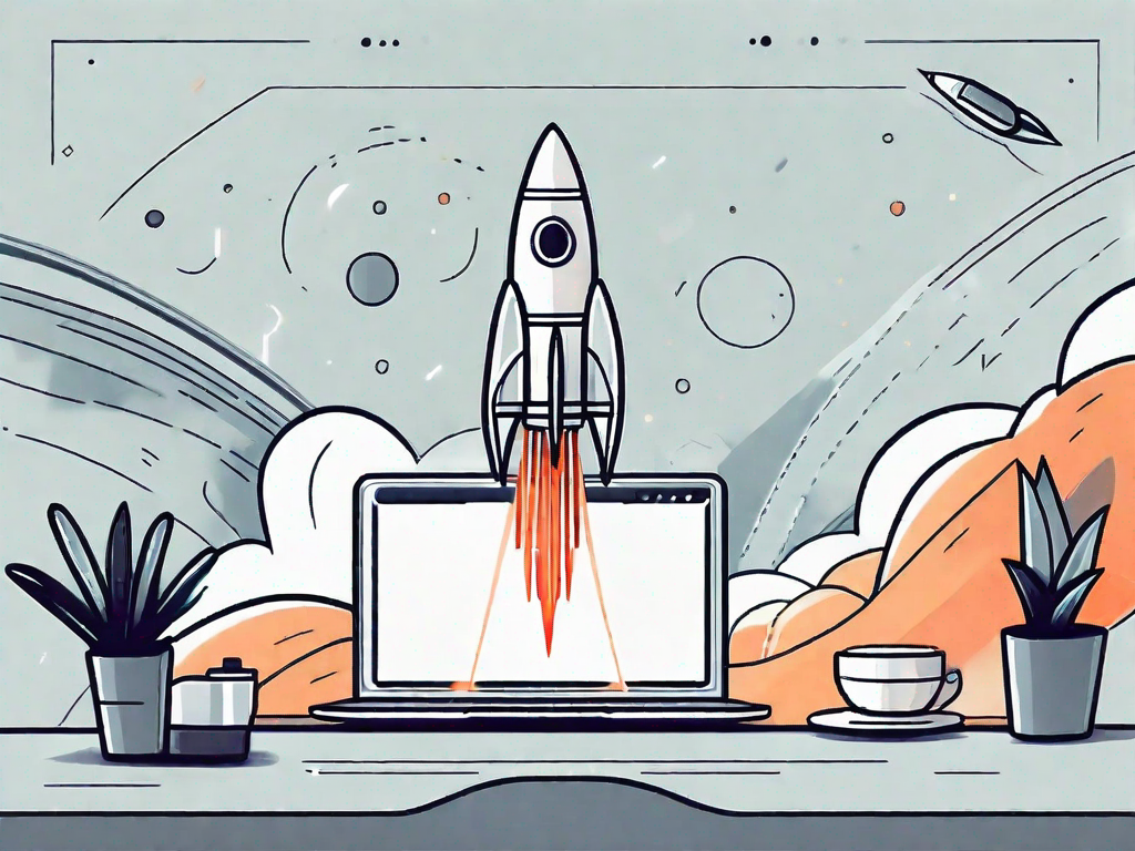 A rocket ship launching from a laptop screen