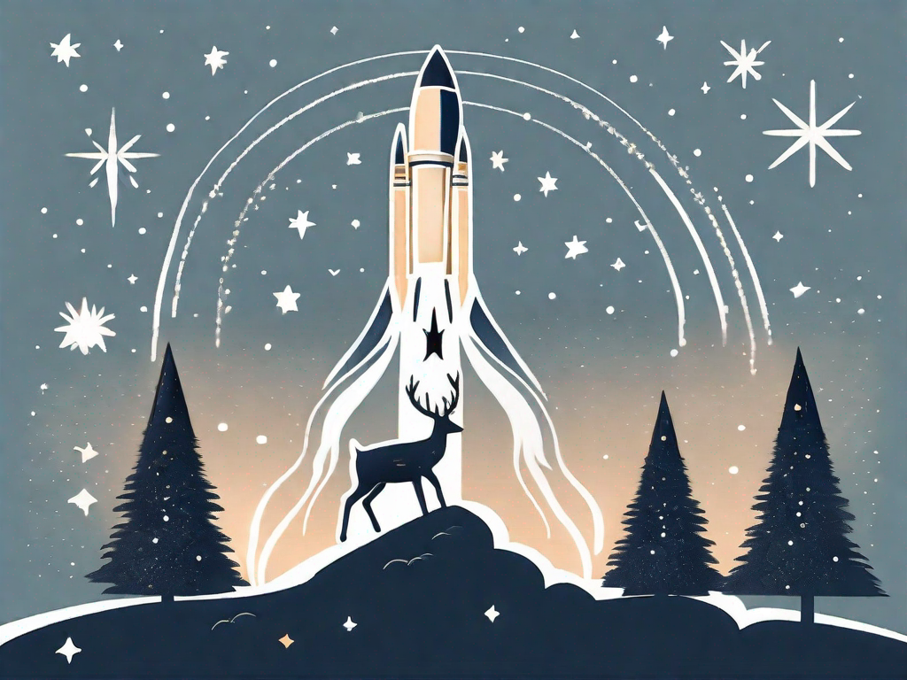 A rocket symbolizing an affiliate offer being launched into a sky filled with stars shaped like deer