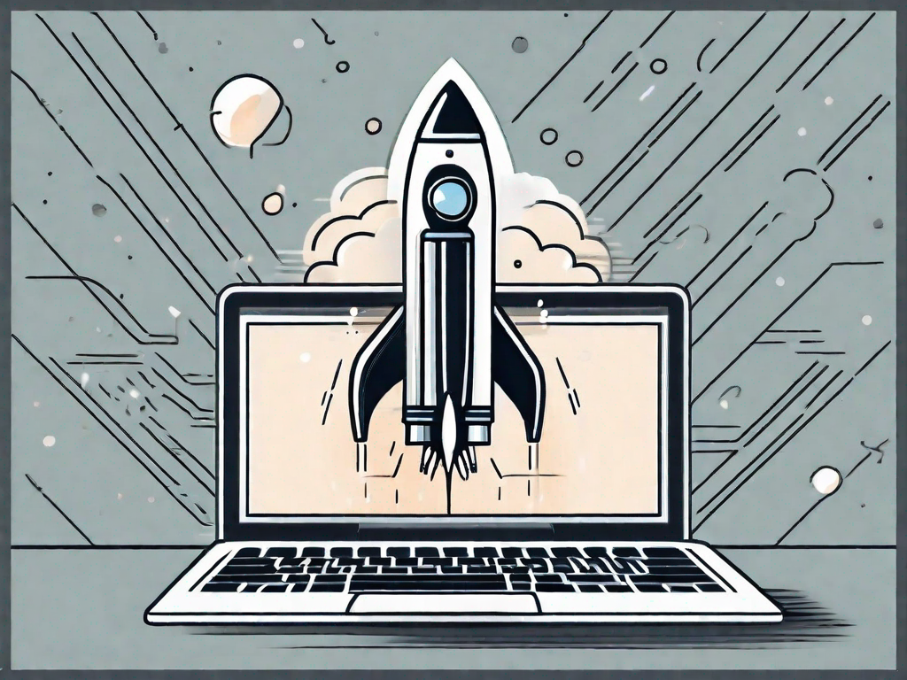 A rocket ship launching from a laptop screen