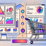 A vibrant digital marketplace with various ecommerce elements such as shopping carts