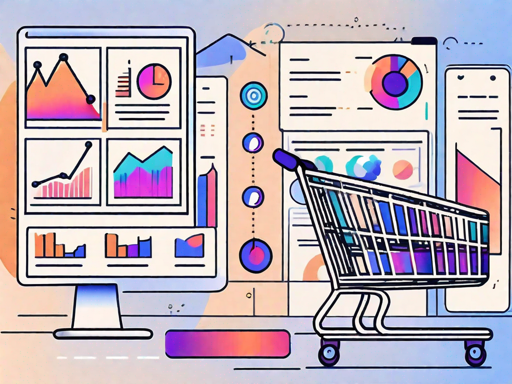 A vibrant digital marketplace with various ecommerce elements such as shopping carts