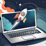 A rocket taking off from a laptop