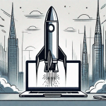 A rocket ship launching from a laptop screen